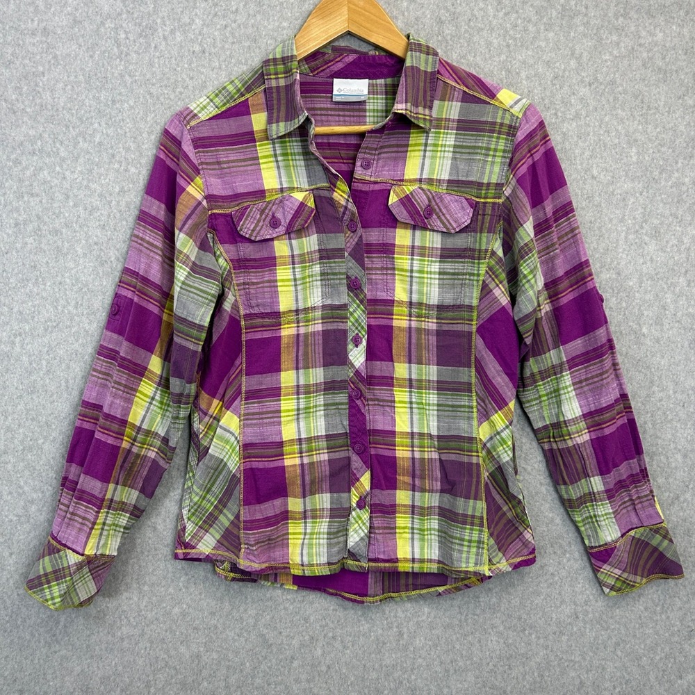 Columbia Plaid Button Up Shirt Purple Green Roll Tab Sleeve Womens Size M